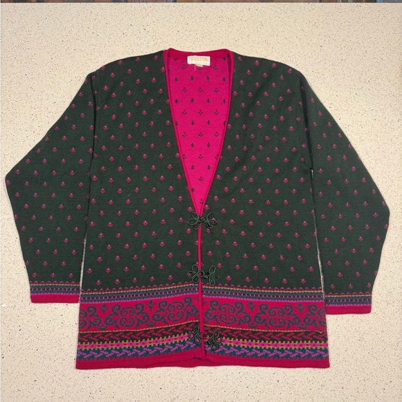 90s Vintage Pendleton Forest Green and Pink Wool Cardigan Sweater - Picture 1 of 6